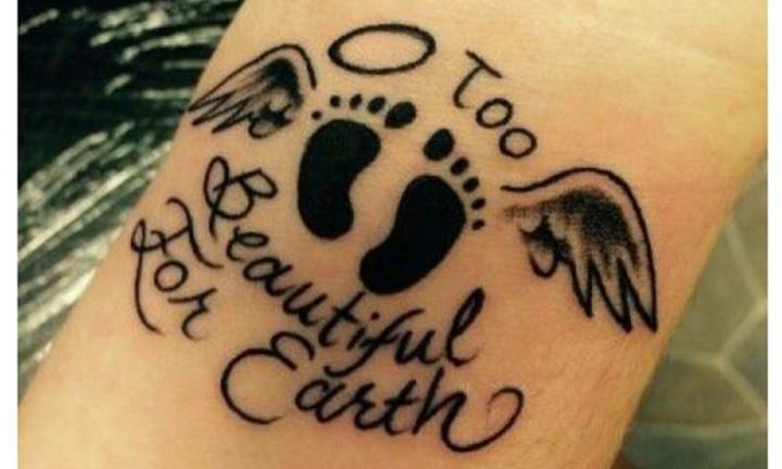 Little feet with angel wings tattoo with wording Too beautiful for earth.