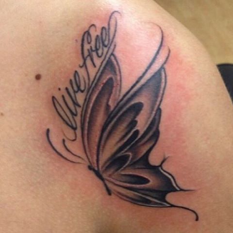 Live Free Grey And Black Flying Butterfly Tattoo