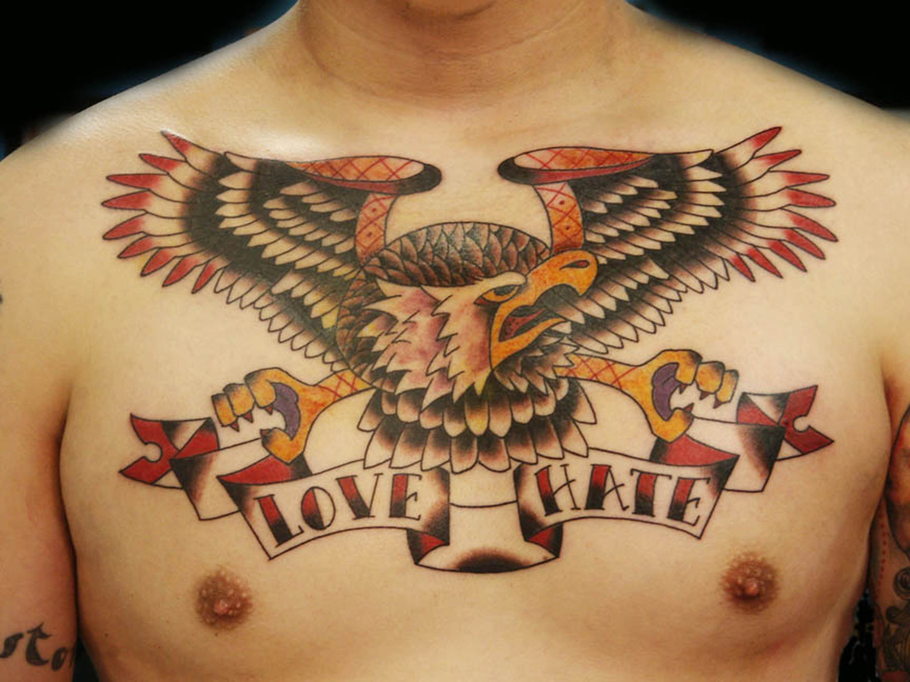 Love Hate Banner With Flying Eagle Tattoo On Chest