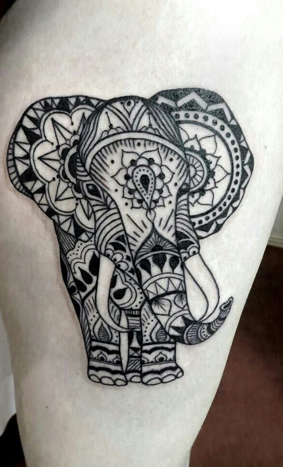 Mandala Elephant Tattoo On Side Leg