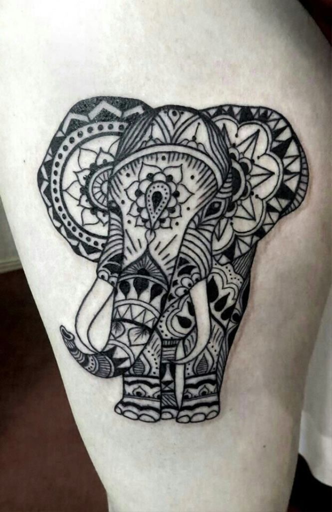 Mandala Flower Elephant Tattoo On Leg