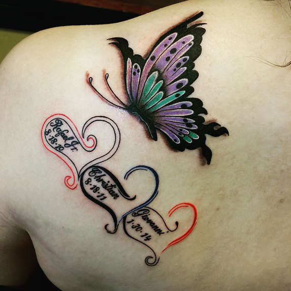 Memorial Names and Color Butterfly tattoo On Back Shoulder