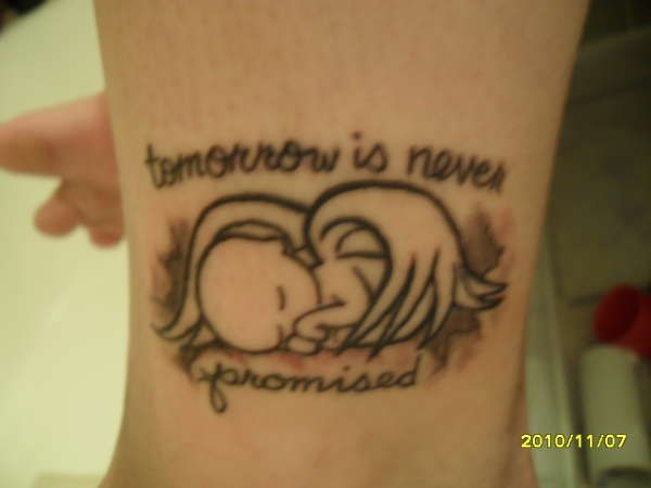 Miscarriage Baby Angel Tattoo – Sleeping baby angel with wording Tomorrow is never promised.
