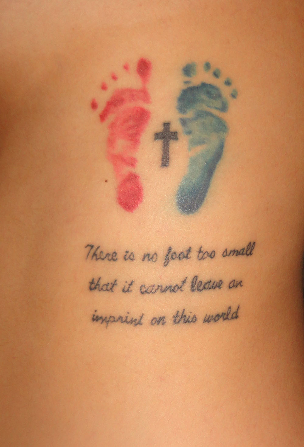 Miscarriage Baby Tattoo - Colorful feet with cross and wording  - There is no foot so small that it cannot leave an imprint on this world.