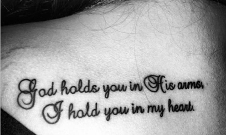 Miscarriage Wording tattoo - God holds you in his arms, I hold you in my heart.