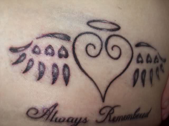 Miscarriage baby tattoo – Angel winged heart with holy halo and wording – Always Remembered
