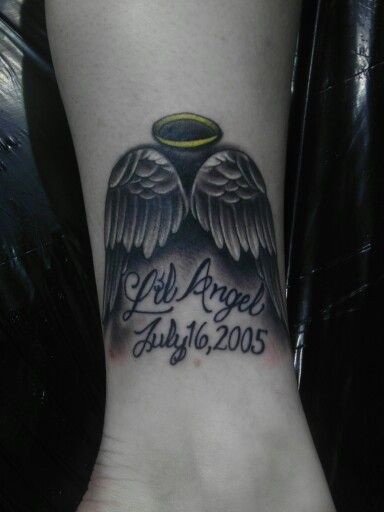 Miscarriage baby tattoo –  Angel wngs with holy halo, date and wording – LIL Angel