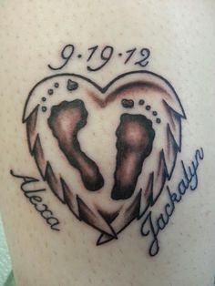 Miscarriage baby tattoo - Little feet in hart shaped angel wings with date & names