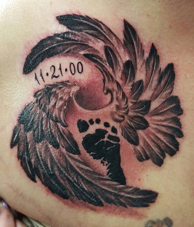 Miscarriage baby tattoo - Little feet inside twisted wings with date