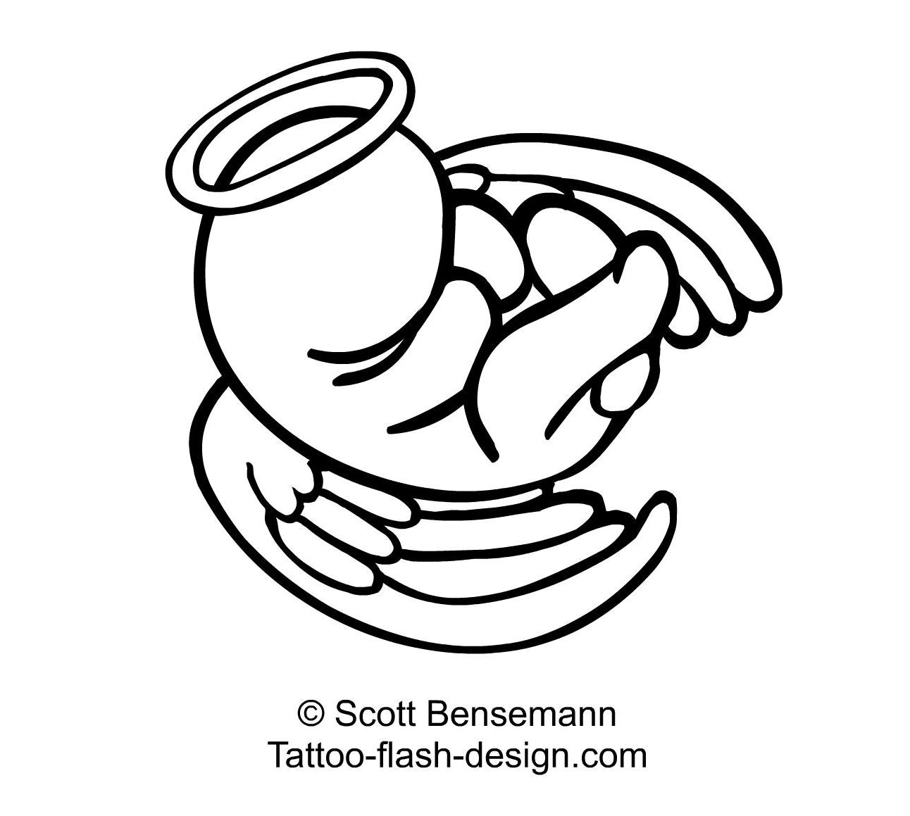 Miscarriage tattoo Design – Small unborn baby with wings and holy halo by Scott Bensemann