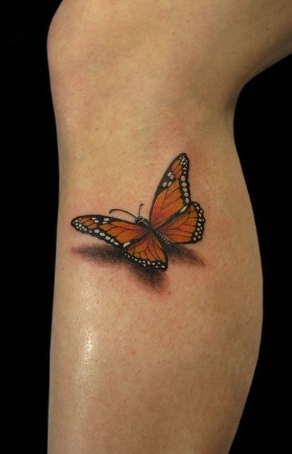 Monarch Butterfly With Shadow Tattoo On Side Leg