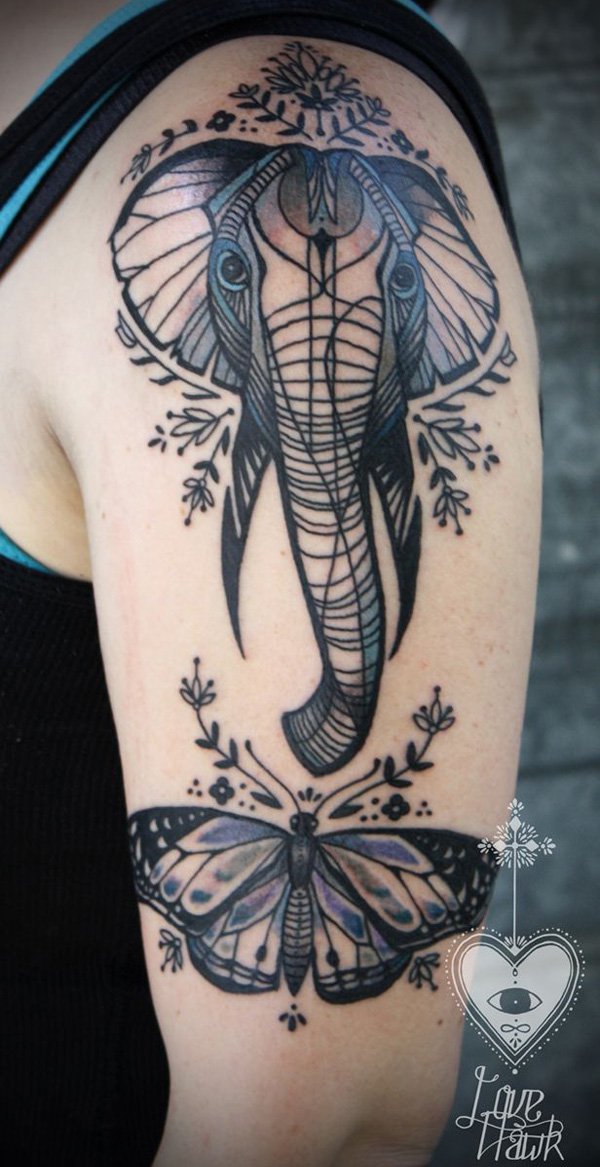 Moth And Elephant Head Tattoo On Half Sleeve