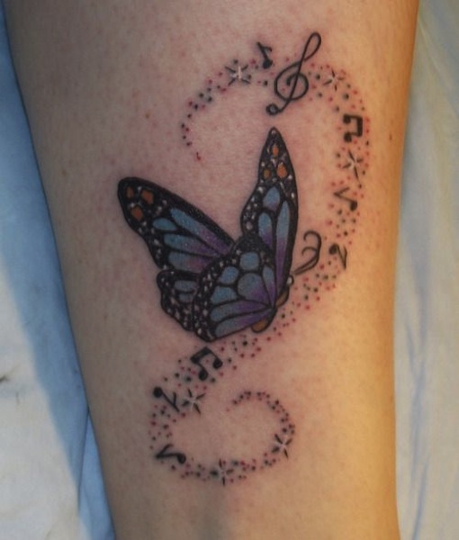 Musical Butterfly Tattoo On Leg