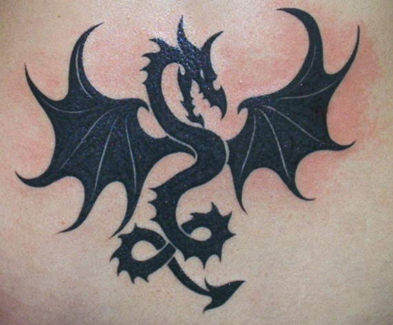 Nice Black Dragon With Wings Spreadout Tattoo On Back