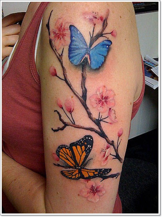 Nice Butterflies And Cherry Blossom Tattoos On Left Half Sleeve