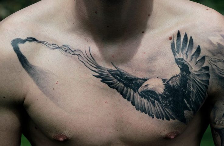 Nice Grey And Black Open Wings Flying Eagle Chest Tattoo