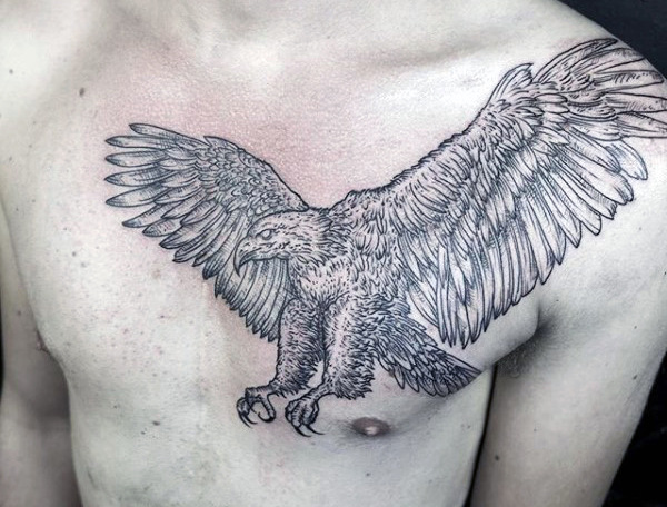 Nice Grey Ink flying Eagle Tattoo On Man Chest