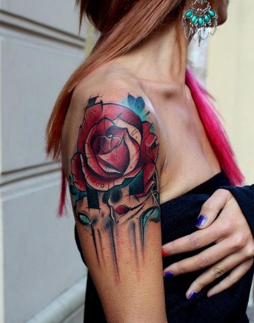 Nice Rose Tattoo On Right Shoulder For Girls