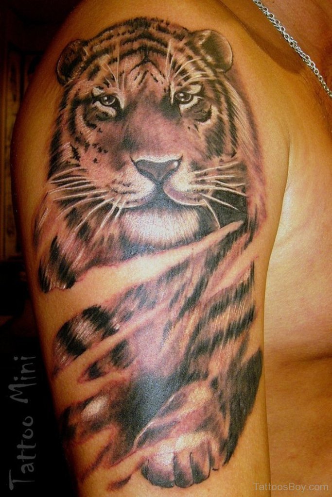 Nice Tiger Tattoo On Right Half Sleeve by Tattoo Mini