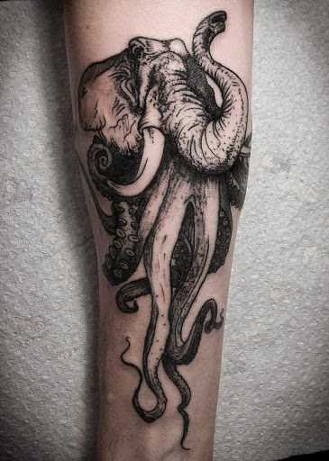 Octopus With Elephant Head Tattoo On Forearm