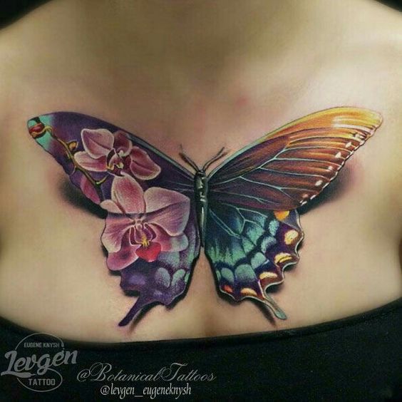 Open Wing Butterfly And Flowers Tattoo On Lower Back