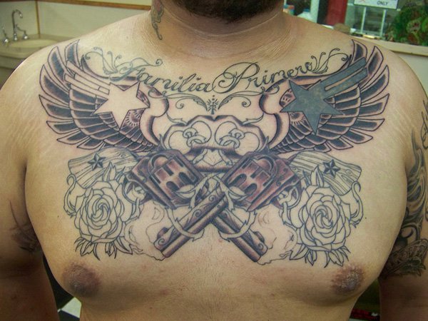 Outline Rose Flowers And Eagle Winged Knuckle And Pistols Tattooed On Chest