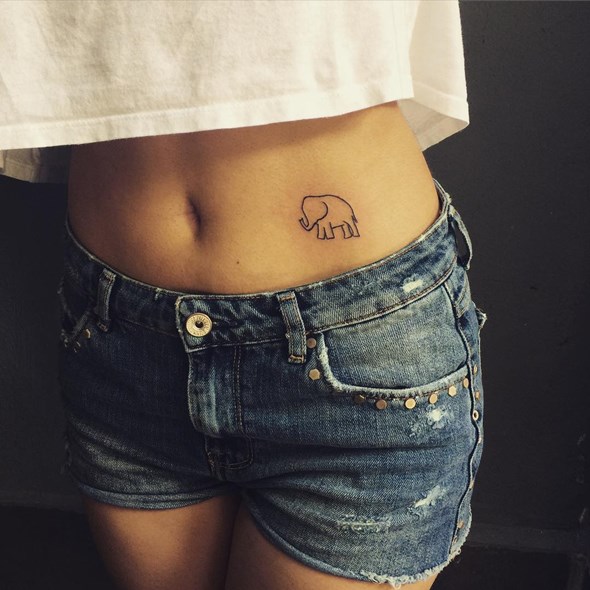 Outline Tiny Elephant Tattooed On Girl Hip
