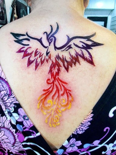 Outline Tribal Phoenix Tattoo On Upper Back