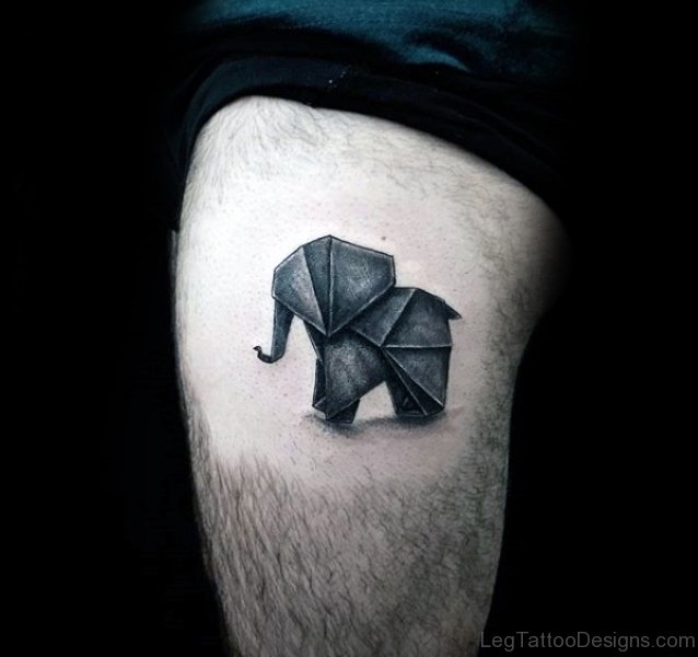 Paper Elephant Tattooed On Side Thigh