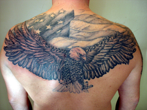 Patriotic Flying Eagle Tattoo On Back