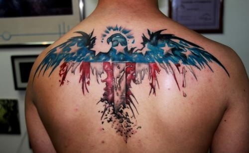 Patriotic Eagle Tattoo On Upper Back