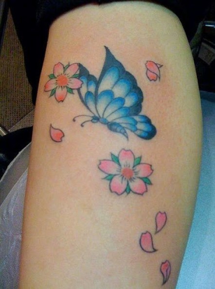 Pink Flowers And Blue Butterfly Tattoo On Leg