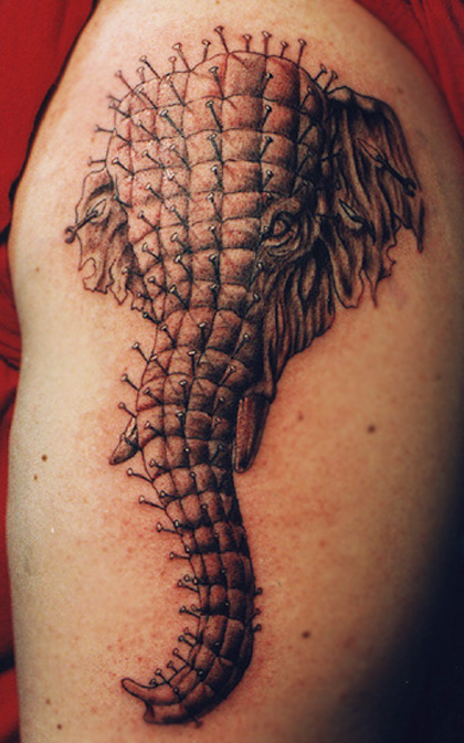 Pink Head Elephant Tattoo On Shoulder