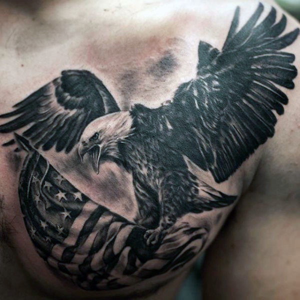Realistic American Flag And Flying Eagle Tattoo On Chest