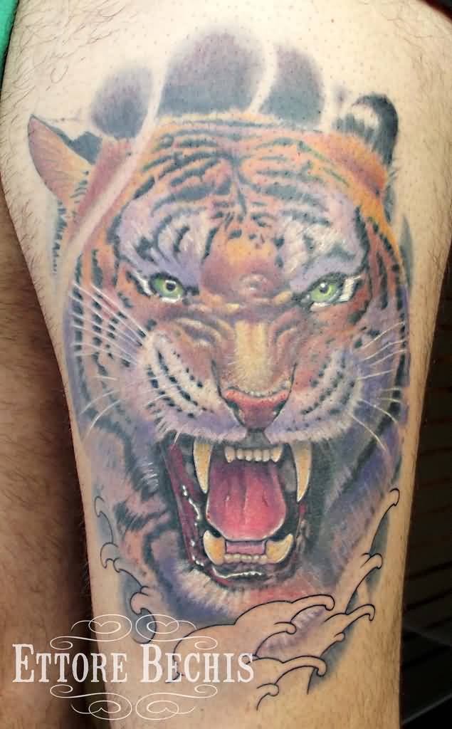 Realistic Angry Tiger Head Tattoo by Ettore Bechis