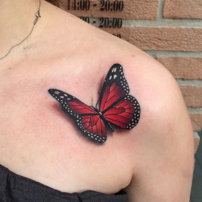 Realistic Colorful Butterfly Tattoo On Front Shoulder