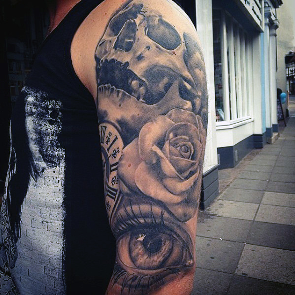 Realistic Eye And Grey Rose Flower Tattoo On Half Sleeve For Men