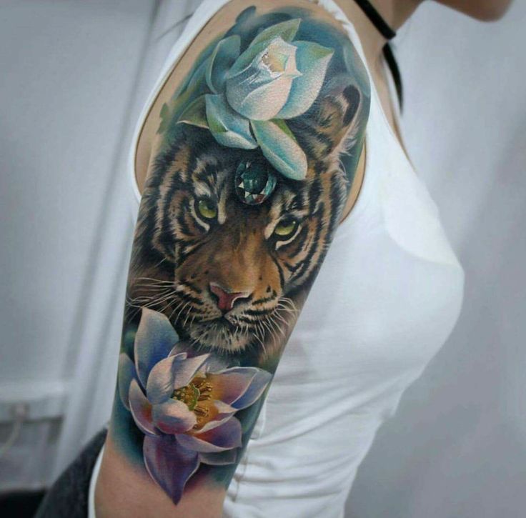 Realistic Flowers And Tiger Head Tattoo On Girl Right Half Sleeve