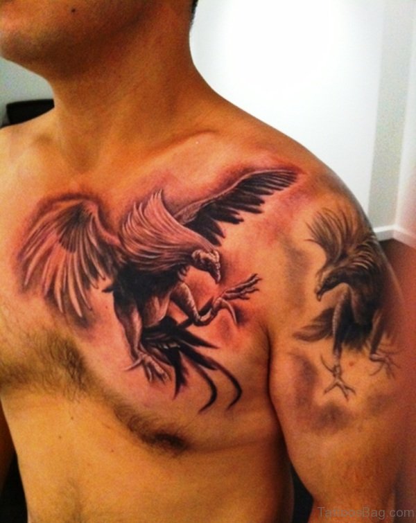 Realistic Flying Eagle Tattoo On Chest and Shoulder