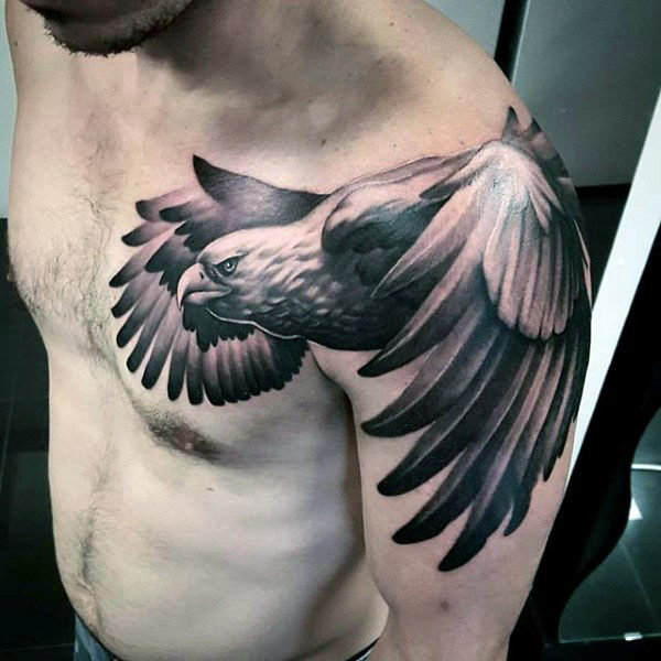 Realistic Grey And Black Flying Eagle Tattoo On Left Shoulder