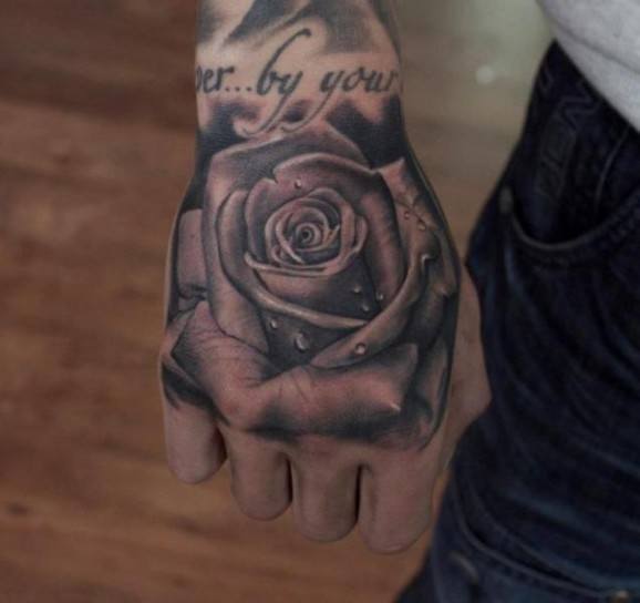 Realistic Grey And Black Rose Tattoo On Right Hand