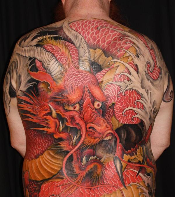 Red And Grey Dragon Tattoo On Man Full Back