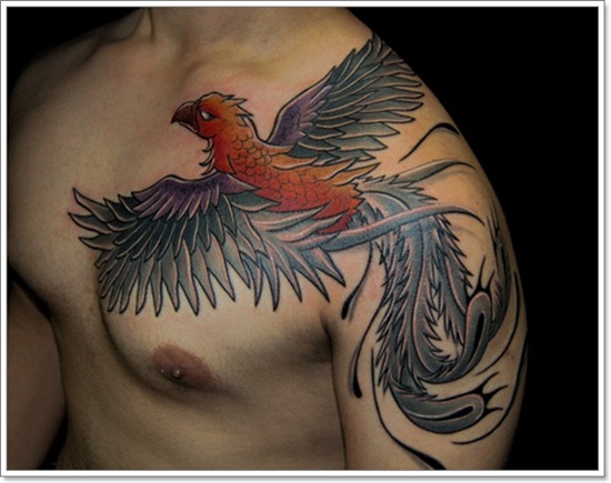 Red And Grey Ink Flying Phoenix Tattoo On Left Shoulder