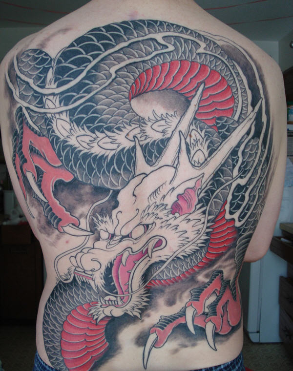 Red And Grey Ink Japanese Dragon Tattoo On Full Back