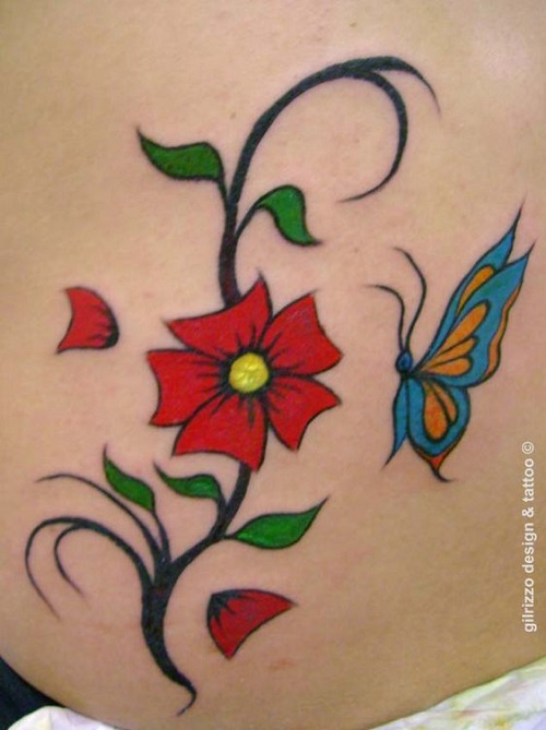 Red Flower And Blue Butterfly Tattoo On Lower Back