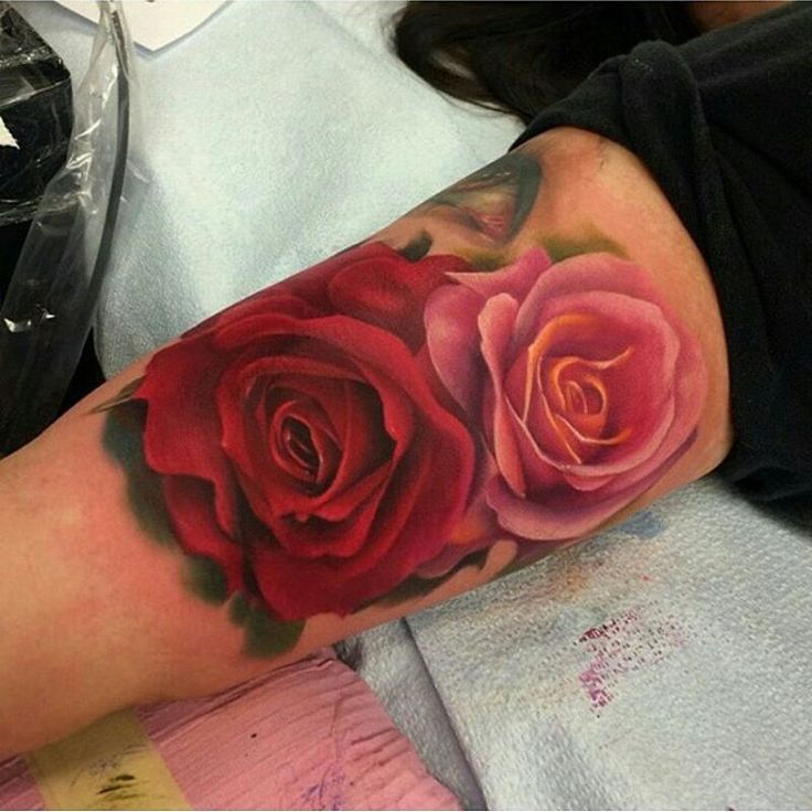 Red Rose And Pink Rose Tattoos On Arm