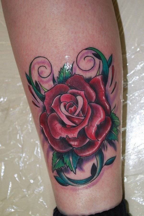Red Rose With Green Leaves Tattoo On Side Leg