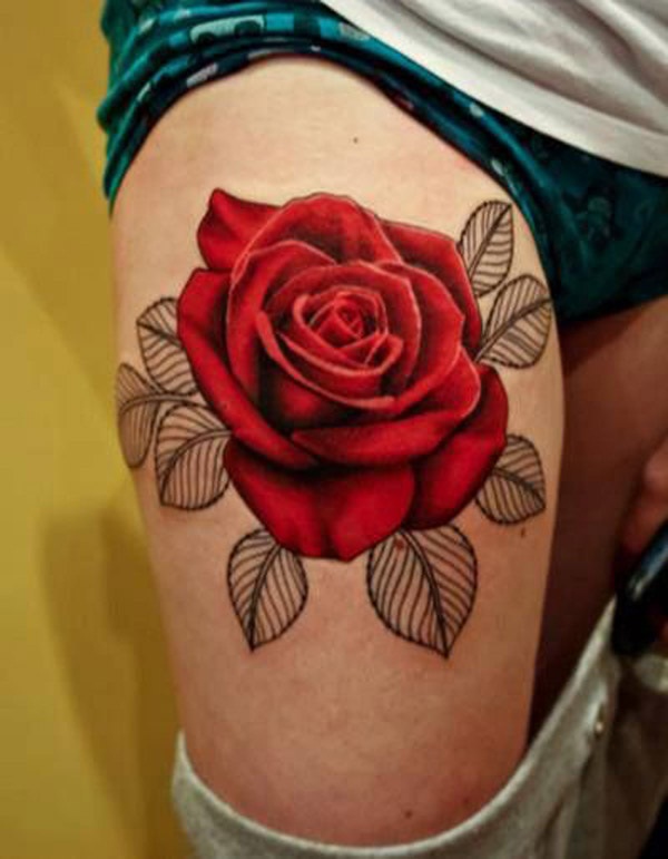Red Rose With Leaves Tattoo On Right Thigh
