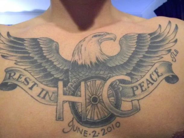 Rest In Peace Memorial Banner With Eagle Tattoo On Chest