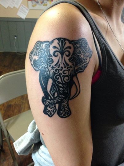 Right Bicep Elephant Tattoo On Girl Right Half Sleeve